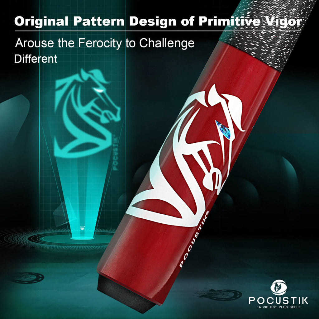 red pool cue with horse design